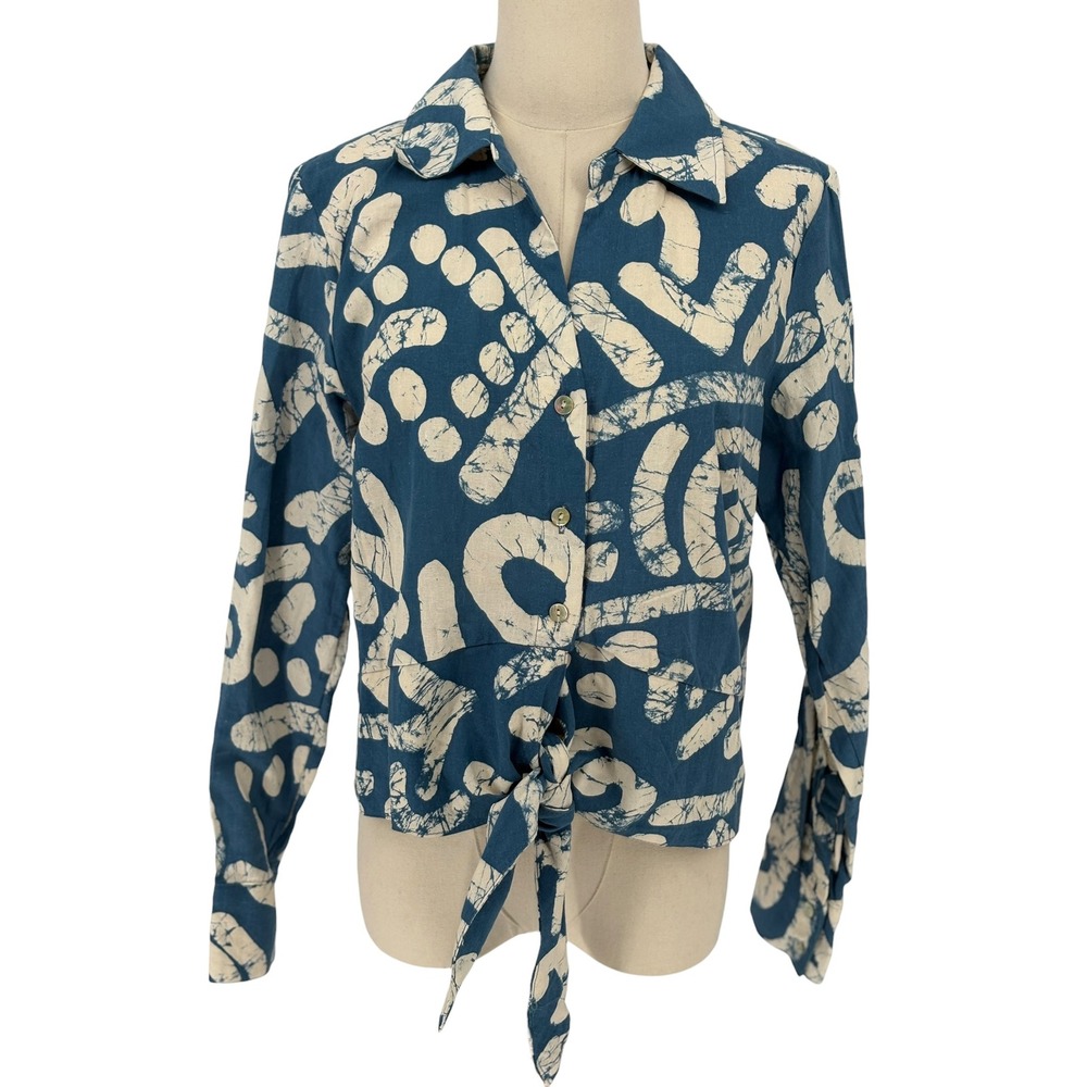 Haute Hippie Style Button Down Shirt Blue Batik Front Tie Linen Blend L